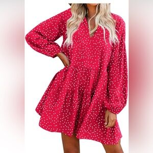 Fancyinn Red Polka Dot Long Sleeve Dress